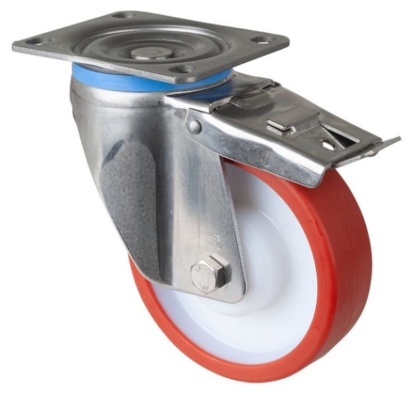 BS Rollen Edelstahl-Schwerlastrolle Lenkrolle, Edelstahl, mit Feststeller, Gleitlager Polyurethanrad rot, Anschraubplatte 150 mm, HS120.B27.151