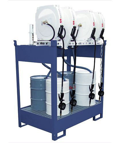 DENIOS Ölstation DPO-4, Wanne, 4 Druckluftpumpen, Schlauchaufroller 10 m, 201602