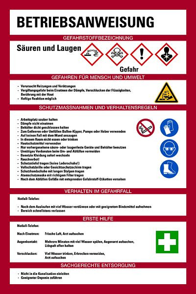 Schilder Klar Aushang Betriebsanweisung für Säuren Laugen nach GHS, 200x300x1.5 mm Kunststoff, 328471/72