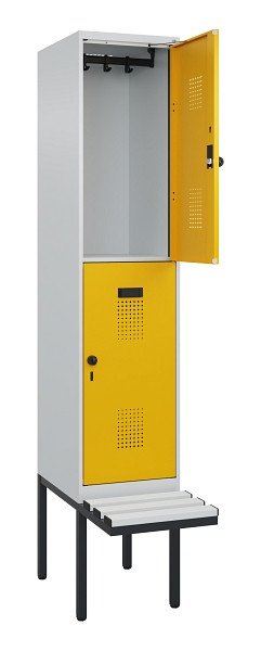 C+P Doppelstock-Spind Evolo PLUS, Bank, 2 Fächer, 2120x400x815mm, 7035/1004, Drehriegel, Sitzfläche Kunststoff, 0493407-12 S10081