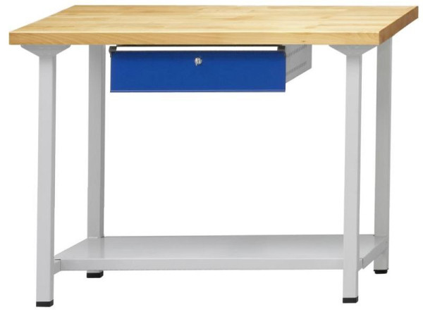 ANKE Werkbänke Arbeitstisch; 1270x800x850 mm; RAL 7035/5010; Buche-Massiv-Platte 50 mm; 1xHängeschublade; 1xAblageboden aus Stahlblech 600 mm tief, 401.150