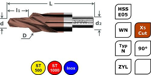 SPPW Kurzstufenbohrer HSS-E05+X5Cut 90° L: 45x7 Ø2,7x5,7 - M2,5, 1234070250