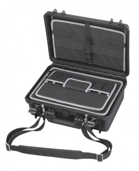 MAX wasser- und staubdichter Kunststoffkoffer in schwarz, mit eingesetzter Werkzeugtasche, MAX430TC