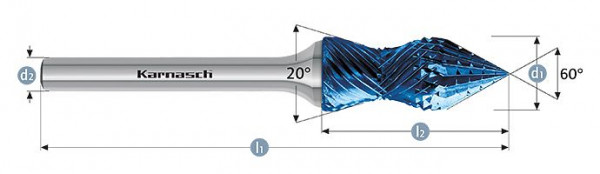 Karnasch Hartmetall-Frässtift Blue-Tec beschichtet d1= 12,0 / l2= 28 / d2= 6 / l1= 73mm Combi+Curve, 116026100