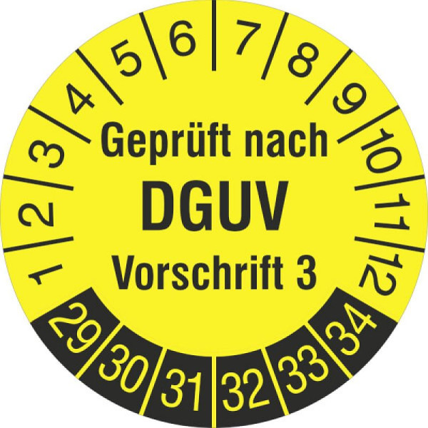 Stein HGS Prüfplaketten mit Jahresfarbe (6 Jahre), Folie, Ø 30 mm, gelb-schwarz, 2029-2034, 31.c7037-29