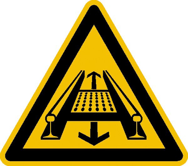 SafetyMarking Warnschild, Warnung vor Gefahren durch eine Förderanlage im Gleis, Länge 20 cm, Aluminium, 11.0231