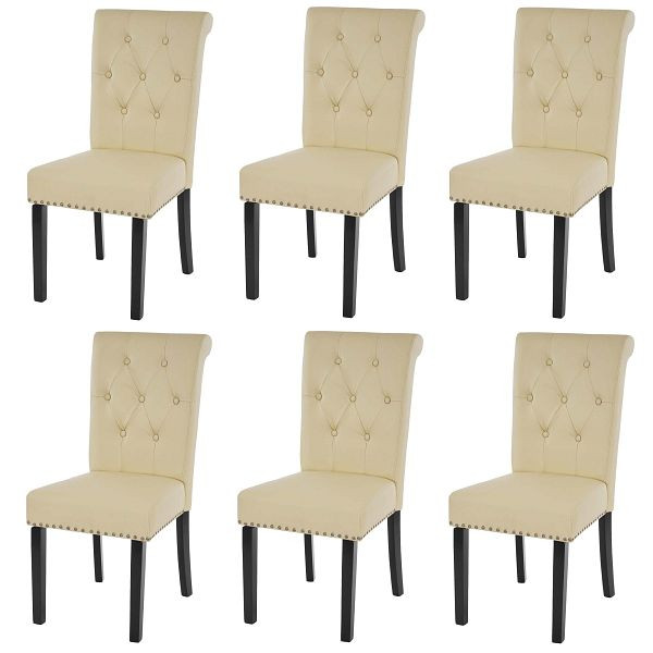 Mendler 6er-Set Esszimmerstuhl Chesterfield II, Stuhl Küchenstuhl, Nieten, Kunstleder, creme, dunkle Beine, 38299+38299+38299