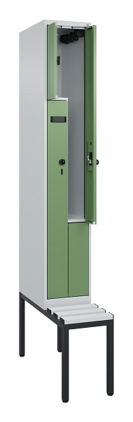 C+P Z-Spind Evolo PLUS, Bank, 2 Fächer, 2120x300x815mm, 7035/6011, Drehriegel, Sitzfläche Kunststoff, Sitzbank, 0490537-102 S10064