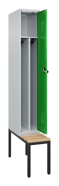 C+P Spind Evolo PLUS, 1 Abteile, 2120x300x815mm, 7035/6037, Haken 4, Drehriegel, Sitzfläche Buche-Hartholz, Sitzbank, 0490507-10F S10011
