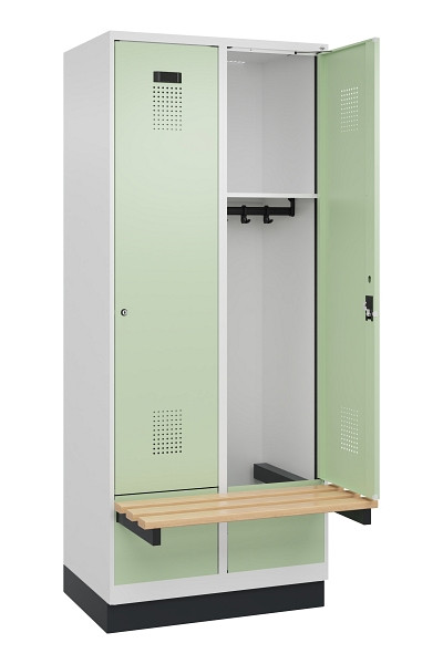 C+P Spind Evolo PLUS, 2 Abteile, 1950x800x815mm, 9016/6019, Zylinderschloss, Sitzfläche Holz, mit Sockel, 049040-22 S10046