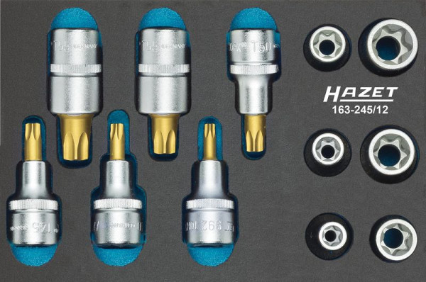 Hazet Werkzeug Satz, TORX®, Vierkant hohl 12,5 mm, Außen TORX® Profil, Innen TORX® Profil, E10 - E20, T30 - T60, Anzahl Werkzeuge: 12, 163-245/12