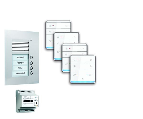 TCS Türkontrollsystem audio:pack UP für 4 Wohneinheiten, mit Außenstation PUK 4 Klingeltasten, 4x Freisprecher ISW5010, Steuergerät BVS20, PPUF04-EN/01
