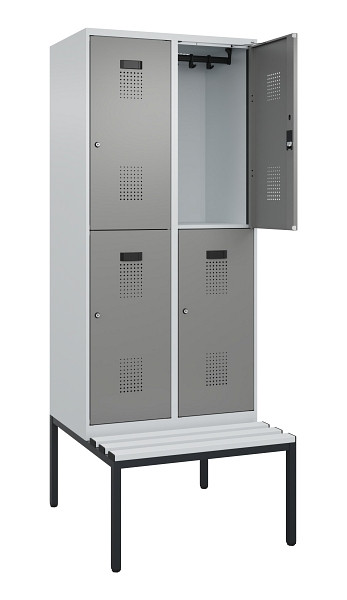 C+P Doppelstock-Spind Evolo PLUS, Bank, 4 Fächer, 2120x800x815mm, 7035/0004, Zylinderschloss, Sitzfläche Kunststoff, Sitzbank, 0493507-22 S10122