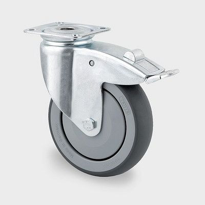 TENTE-ROLLEN Lenkrolle mit Feststeller, Rad-Ø 100 mm, Tragfähigkeit 100 kg, Bauhöhe 135 mm, A 87 Shore, Plattenbefestigung, blaupassiviert, 2477PJP100P50