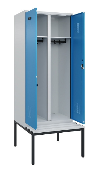C+P Schwarz-Weiß-Spind Evolo PLUS, Bank, 2 Abteile, 2120x800x815mm, 7035/5012, Zylinderschloss, Sitzfläche Kunststoff, Sitzbank, 0490527-22 S10088