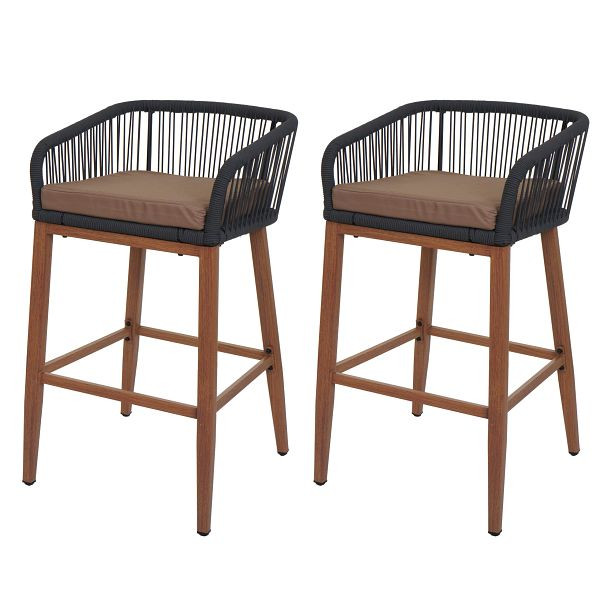 Mendler 2er-Set Rope-Barhocker HWC-O22, Outdoor Sitzpolster Seilgeflecht Metall Holz-Optik, anthrazit, Kissen taupe, 111000