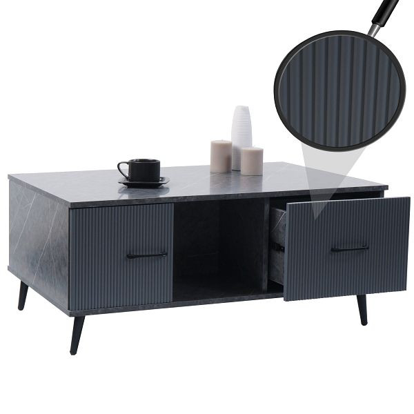 Mendler Couchtisch HWC-N89, Beistelltisch Sofatisch, Schubladen Türen Fächer Melamin Holz, 43x100x60cm, Marmor-Optik grau, 109692