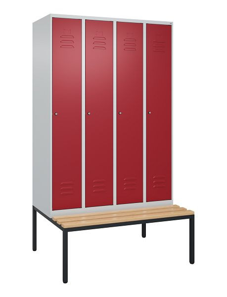 C+P Umkleidespind Classic PLUS, mit untergebauter Sitzbank, 4 Abteile, 2120x1200x815mm, 7035/3003, Zylinderschlösser, Buche-Sitzleisten, 0800507-40 S10046