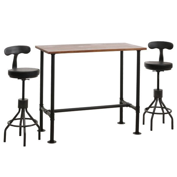 Mendler Set Bartisch + 2x Barhocker HWC-N21, höhenverstellbar drehbar Fußablage, Industrial Metall Kunstleder, braun, schwarz, 106026+105969