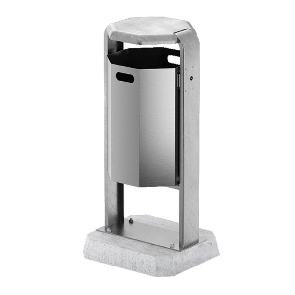 Stein HGS Abfallbehälter -City 600- mit Abdeckung, mobil mit Beton-Sockel, ohne Ascher, Behälter und Ständer ohne Farbe, Aluminium, geschliffen, 12698-0101