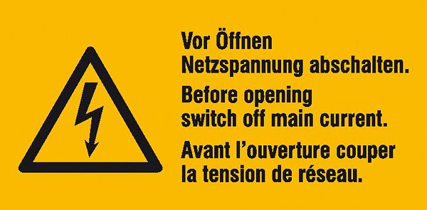 SafetyMarking Warn-Kombischild, Vor Öffnen Netzspannung abschalten, 3-sprachig (D/GB/F), BxH 6,5x3,2 cm, Folie, selbstklebend, VE: 6 Stück/Bogen, 30.0647