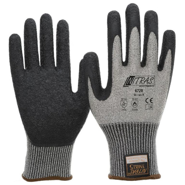 NITRAS TAEKI Schnittschutzhandschuhe, grau, Latex-Beschichtung, teilbeschichtet auf Innenhand und Fingerkuppen, schwarz, Größe: 7, VE: 100 Paar, 6720-7
