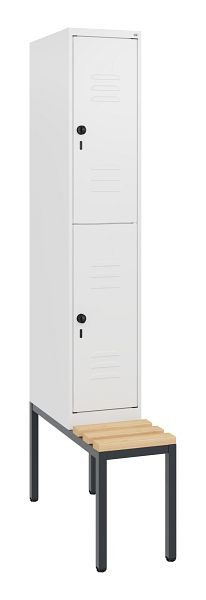 C+P Doppelstöckiger Spind Classic PLUS, Bank, 1950x300x815mm, 9016/9016, Drehriegel, Sitzleisten aus Buche, mit untergebauter Sitzbank, 0803505-10 S10014
