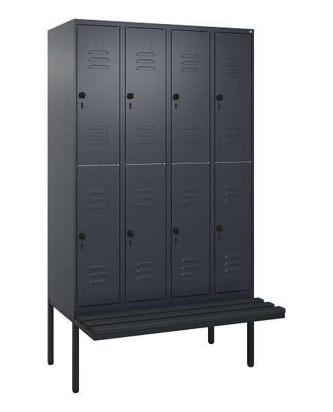 C+P Doppelstöckiger Spind Classic PLUS, 4 Abteile, 2120x1200x815mm, 7016/7016, Drehriegel, mit Untergestell und schwebender Sitzfläche, 0803407-40 S10117