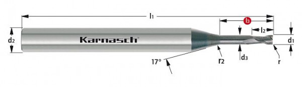 Karnasch VHM-Micro Schaftfräser mit Eckenradius d= 12,0 / r=0,50 / L3= 30,0 / Z=2 DCC 0318 - Graphit/Zirkonium, 306544120005030