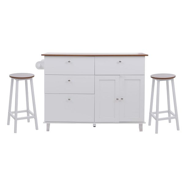 Mendler Kücheninsel HWC-P62 mit 2 Sitzhockern, Küchenschrank Schublade Staufächer MDF 90x131x47cm, weiß, helles Holz, 130691+130692