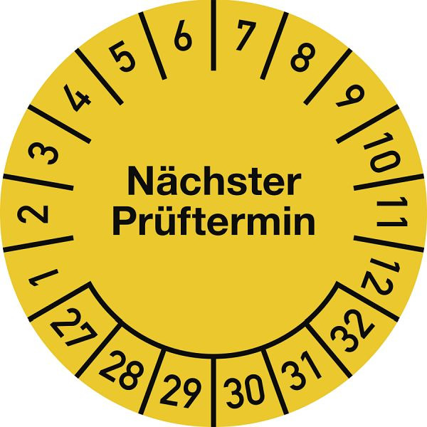 Moedel Prüfplakette Nächster Prüftermin 2027-2032, Folie, gelb, Ø 15 mm, VE: 10 Stück/Bogen, 108219
