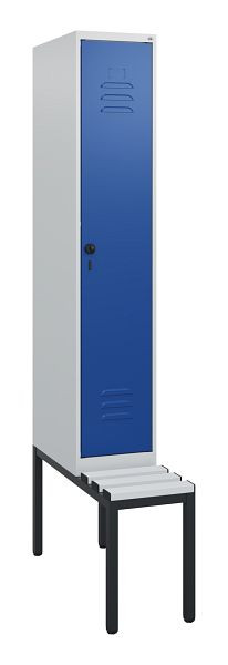 C+P Umkleidespind Classic PLUS, mit untergebauter Sitzbank, 1950x300x815mm, 7035/5010, Drehriegel, 0800505-10 S10033