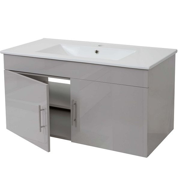Mendler Waschbecken + Unterschrank HWC-D16, Waschbecken Waschtisch, hochglanz 90cm, grau, 62264+62241