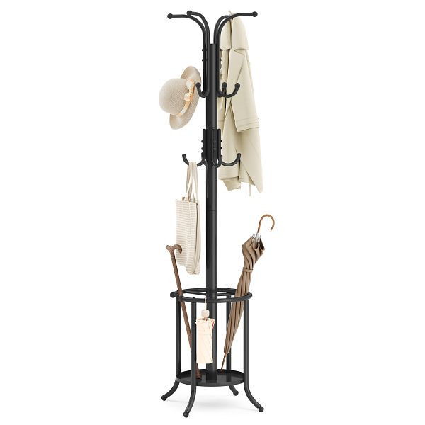 SONGMICS Freistehender Garderobenhalter, Garderobenständer mit Regenschirmhalter, 12 Haken, Metall, 175 cm hoch, für Eingangsbereich, Schwarz, RCR011B01