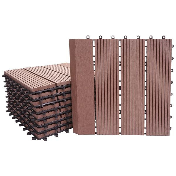 Mendler WPC Bodenfliese Rhone + Abschluss, Holzoptik Balkon/Terrasse, 11x je 30x30cm = 1qm Premium, coffee linear senkrecht, 77618