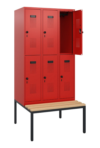C+P Doppelstöckiger Spind Evolo PLUS, Bank, 6 Fächer, 1950x900x815mm, 3020/3020, Drehriegel, Sitzfläche Buche-Hartholz, Sitzbank, 0493505-30 S10034