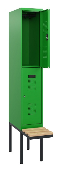 C+P Doppelstock-Spind Evolo PLUS, Bank, 2 Fächer, 1950x300x815mm, 6037/6037, Zylinderschloss, Sitzfläche Buche-Hartholz, 0493405-10 S10077