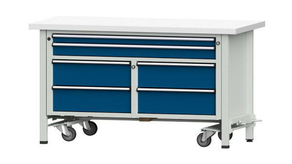 ANKE Werkbänke Kastenwerkbank, Modell 255 V, 1500 x 700 x 840 mm, RAL 7035/5010, KSP 40 mm, mit absenkbarer Fahreinrichtung, 304.210