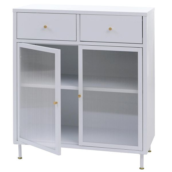 Mendler Kommode HWC-O87, Schrank Sideboard Highboard, Staufächer Schubladen Industrial Metall Schilfglas 96x80x40cm, weiß, 139441+139442