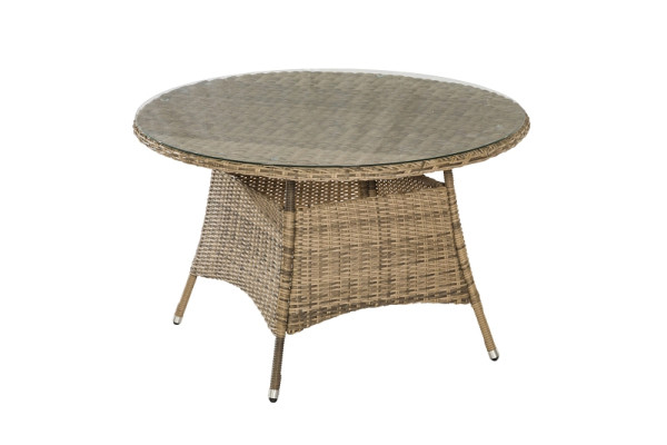 Merxx Tisch Riviera Ø 120 cm, aufliegende Glasplatte, naturgrau, Stahlgestell mit Kunststoffgeflecht, 28353-253