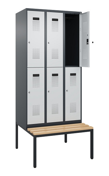 C+P Doppelstock-Spind Evolo PLUS, Bank, 6 Fächer, 2120x900x815mm, 7016/7035, Zylinderschloss, Sitzfläche Buche-Hartholz, Sitzbank, 0493507-30 S10044