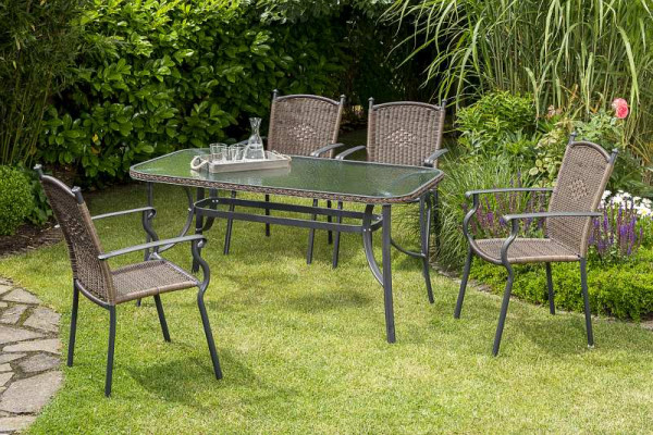Merxx Roma Set 5-teilig, 4 Stapelsessel, 1 Tisch 150 x 80 cm, Glasplatte mit Geflechtrand, graphit/schoko, 50392-210