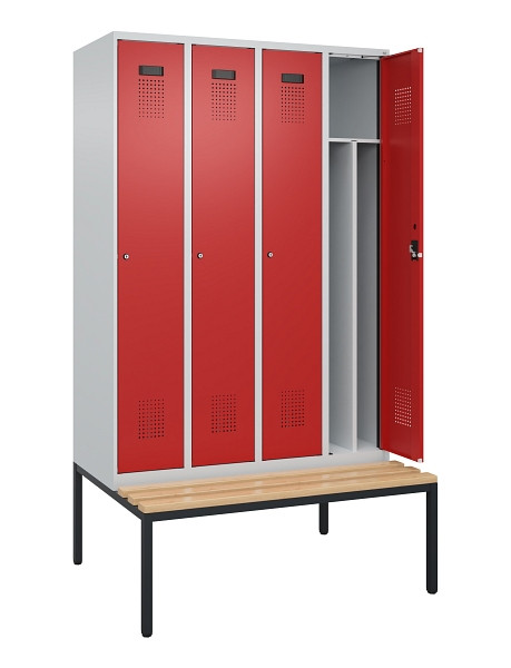 C+P Spind Evolo PLUS, 4 Abteile, 2120x1200x815mm, 7035/3000, Haken 4, Zylinderschloss, Sitzfläche Buche-Hartholz, Sitzbank, 0490507-40F S10030