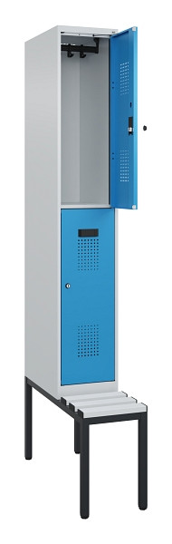 C+P Doppelstock-Spind Evolo PLUS, Bank, 2 Fächer, 2120x300x815mm, 7035/5012, Zylinderschloss, Sitzfläche Kunststoff, Sitzbank, 0493507-10 S10115