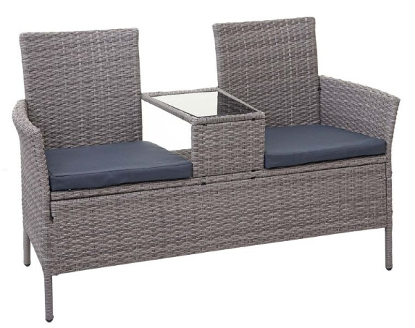 Mendler Poly-Rattan Sitzbank mit Tisch HWC-E24, Gartenbank Sitzgruppe Gartensofa, 132cm, grau, Kissen dunkelgrau, 65246