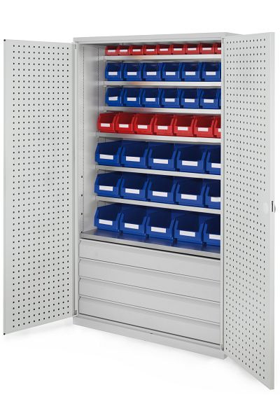 Kappes Großraum Schrank Modell 25 RAL 7035, 1950 x 1130 x 590 mm, Türinnenseite: RasterPlan Lochplatten, 4 Schubladen unten, 1780.12.3013