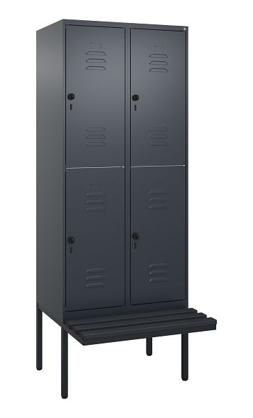 C+P Doppelstöckiger Spind Classic PLUS, 2 Abteile, 2120x800x815mm, 7016/7016, Drehriegel, mit Untergestell und schwebender Sitzfläche, 0803407-22 S10117