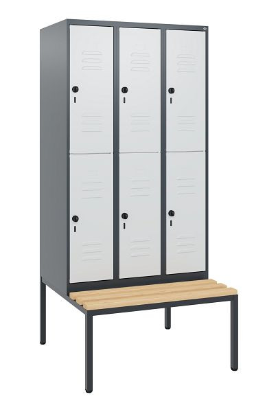 C+P Doppelstöckiger Spind Classic PLUS, 3 Abteile, 1950x900x815mm, 7016/7035, Drehriegel, Buche-Sitzleisten, mit untergebauter Sitzbank, 0803505-30 S10013