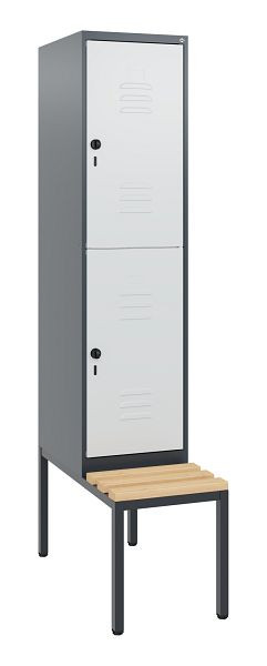 C+P Doppelstöckiger Spind Classic PLUS, Bank, 1950x400x815mm, 7016/7035, Drehriegel, Sitzleisten aus Buche, mit untergebauter Sitzbank, 0803505-12 S10013