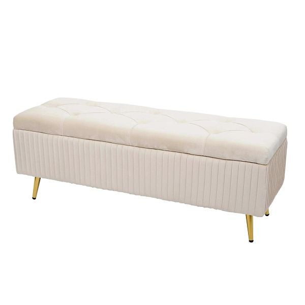 Mendler Sitzbank mit Stauraum HWC-K50, Polsterbank Aufbewahrungstruhe Garderobenbank Bank, Samt Metall 120x40cm, creme-beige, 94520